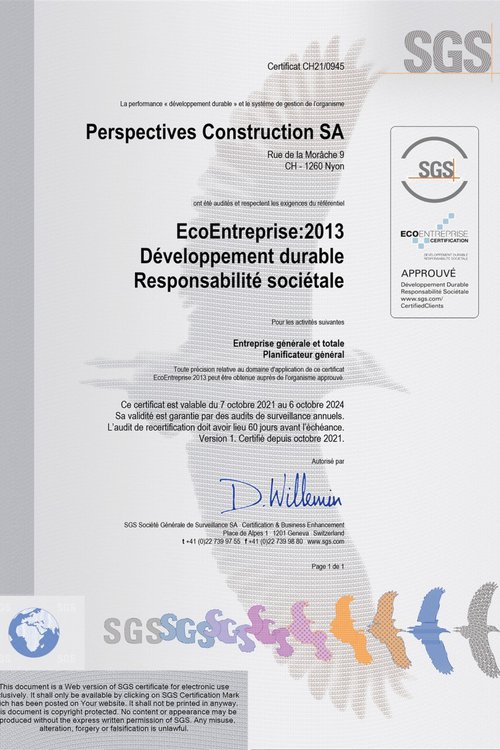 Certification eco-entreprise Perspectives Construction Suisse