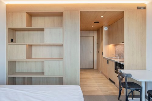 Architecture de CCHE pour la résidence étudiante "Omestay" de l'îlot "Les Atmosphères" du Quartier de l'étang à Vernier Genève Suisse