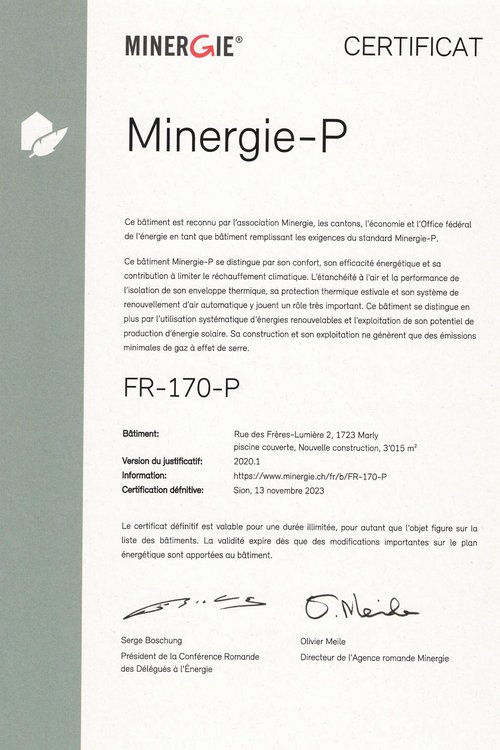 Certificat Minergie-P pour la Piscine du Marly Innovation Center Suisse