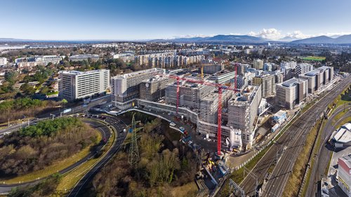 © David Mayenfisch-Capt3.com Architecture de CCHE pour le l'îlot A Les Atmosphères du Quartier de l'étang à Vernier Genève Suisse chantier